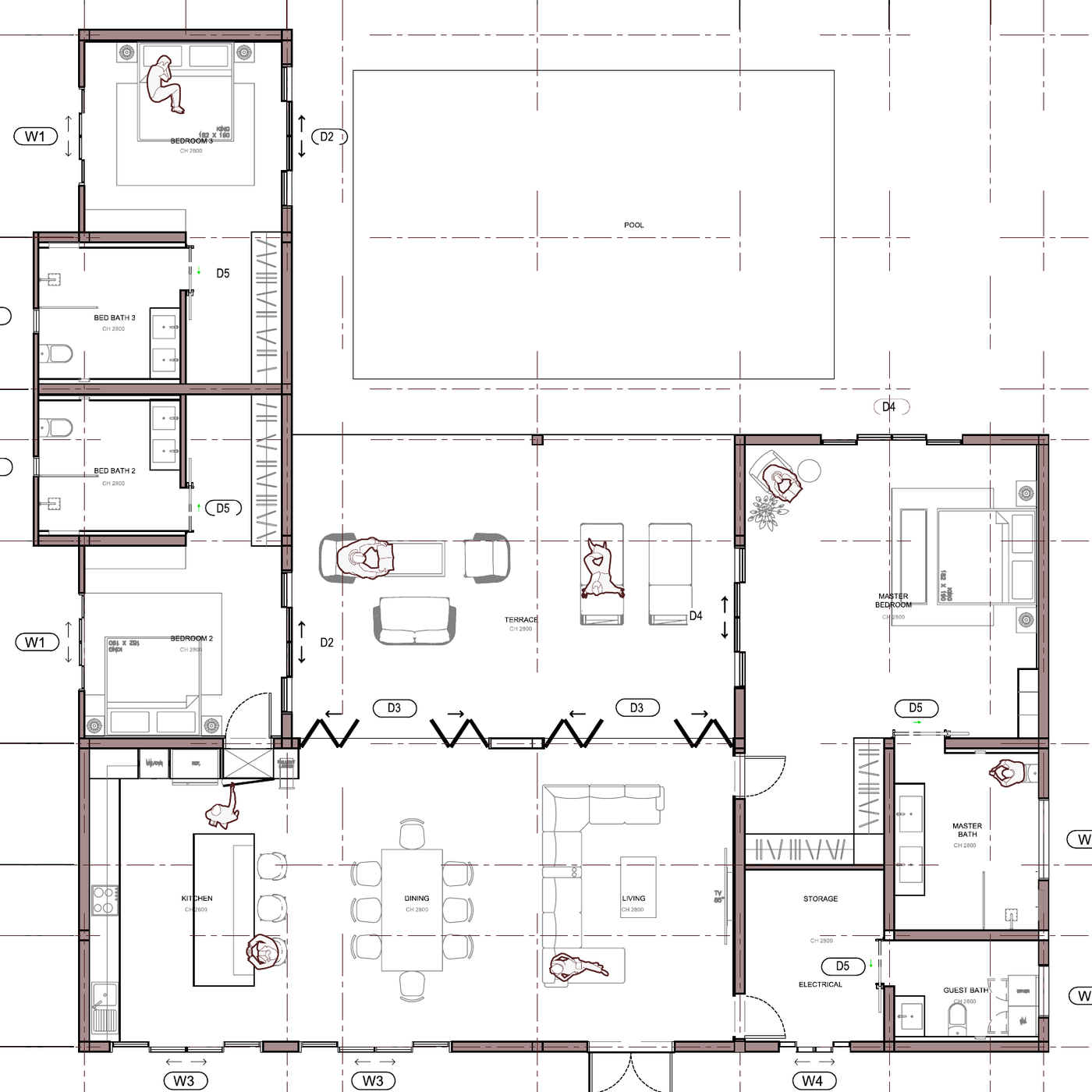 Floor plan of Onyx Float: bedroom wing on the left, pool and terrace in the middle, master suite on the right, kitchen, dining and living along the bottom