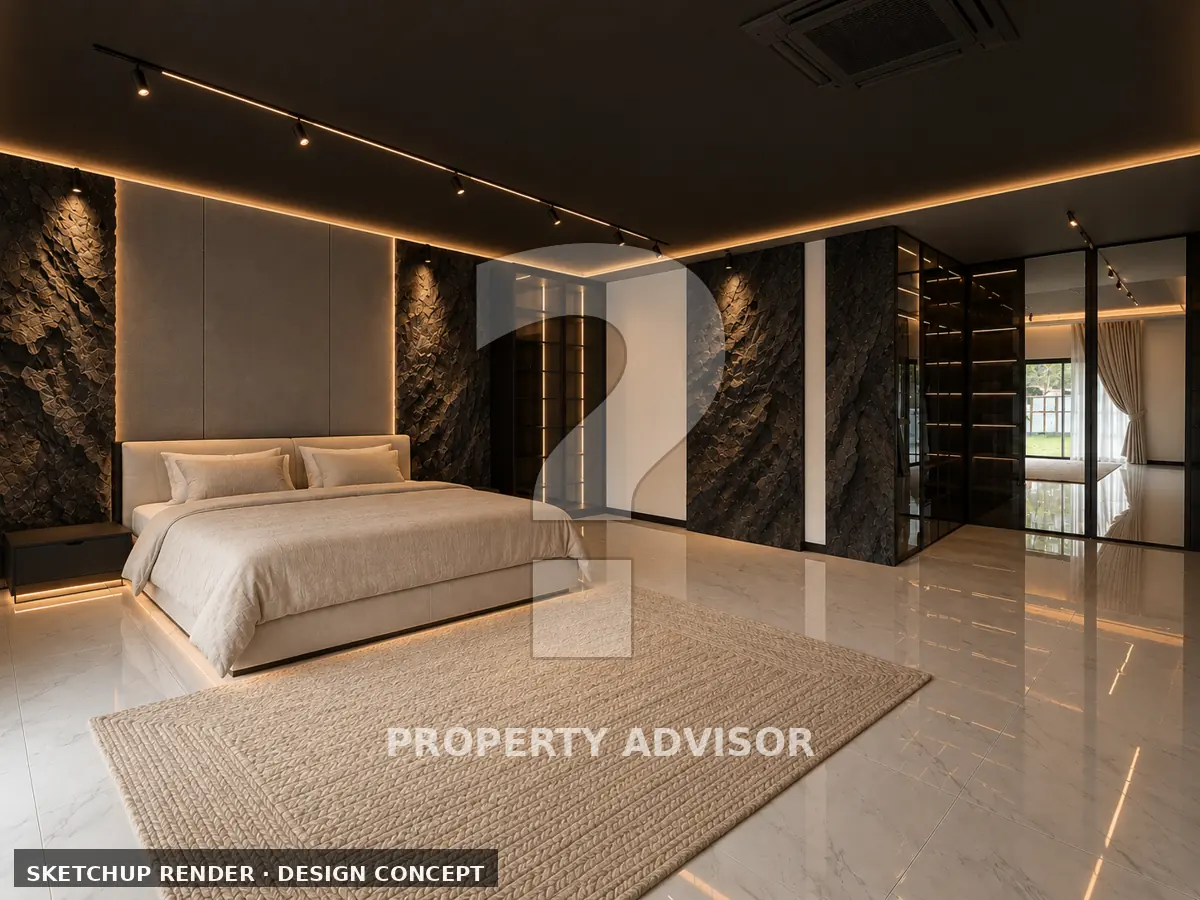 Basalt Rock design concept: master suite with black stone walls